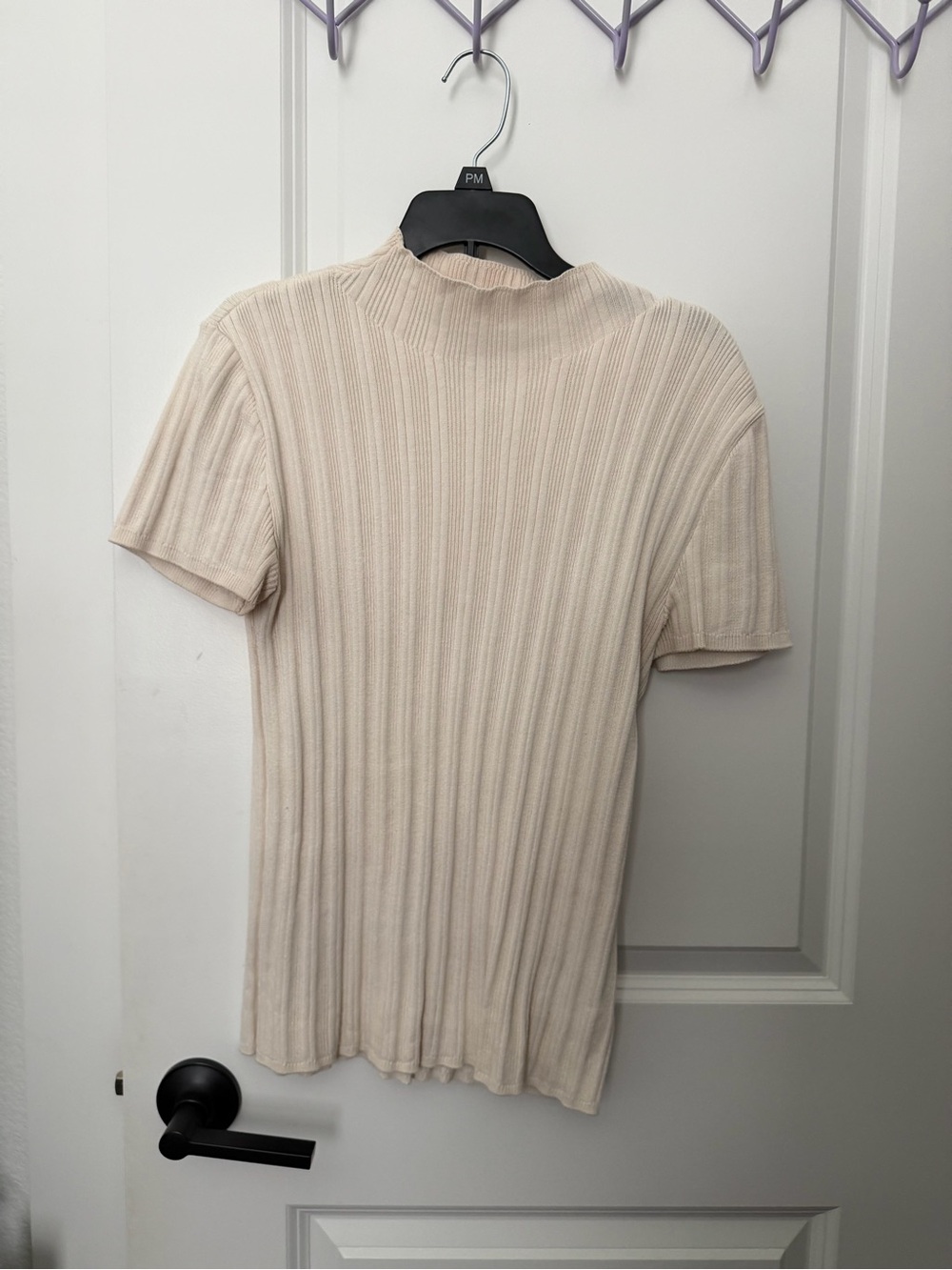 Bar 3 Medium Women Ribbed Short-Sleeve Knit Sweater in Cream